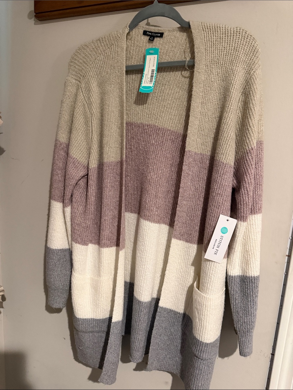 Pink Clover Open-Front Knit Cardigan in Cream gray and dusty pink new with tag